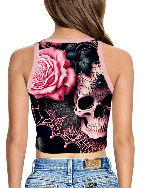 Women's Halloween Skull & Floral Spider Web Print Sexy Crop Top - Stretchy High Elasticity Short Sleeve Round Neck Summer Fashion Top, Machine Washable, Halloween Clothes