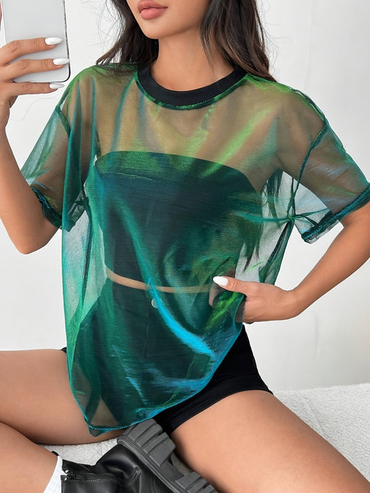 Women's Gradient Color Mesh Panel Summer T-Shirt - Elegant Loose Fit Round Neck Semi-Sheer Top for Casual & Evening Wear, Breathable Spring/Summer Fashion, Summer T Shirts, Spring Fashion, Stylish Semisheer, Elegant Mesh Desi