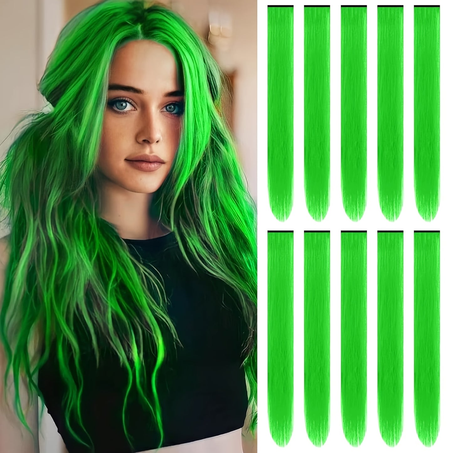 10pcs Glowing Clip-In Synthetic Hair Extensions 20-Inch Colorful Neon Glow-in-the-Dark Wigs, Easy-to-Wear Clip Design, Smooth Soft Texture, Women'S Daily Fashion Accessory for Halloween New Year Parties