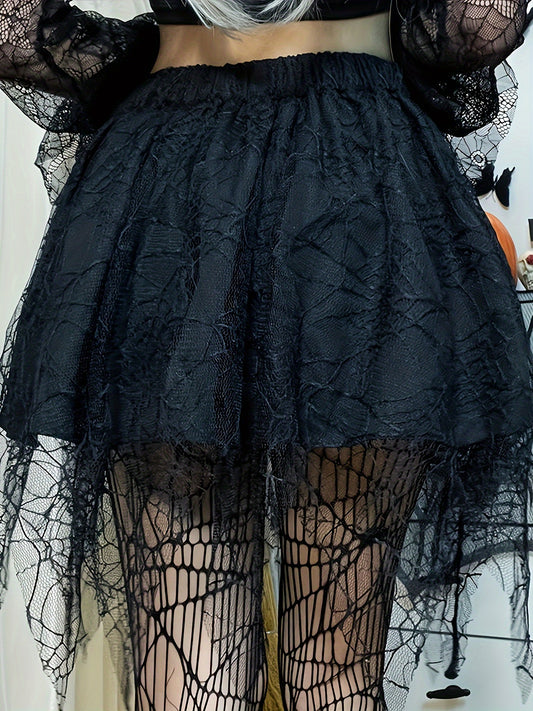 Women's Gothic Punk Gothic Dress with Lace & Layered Hem - A-Line Fitted Short Skirt with Asymmetrical Train, Solid Black Outfit for Concerts, Themed Parties & Casual Attire - Hand Washable All-Season Alternative Fashion Stat