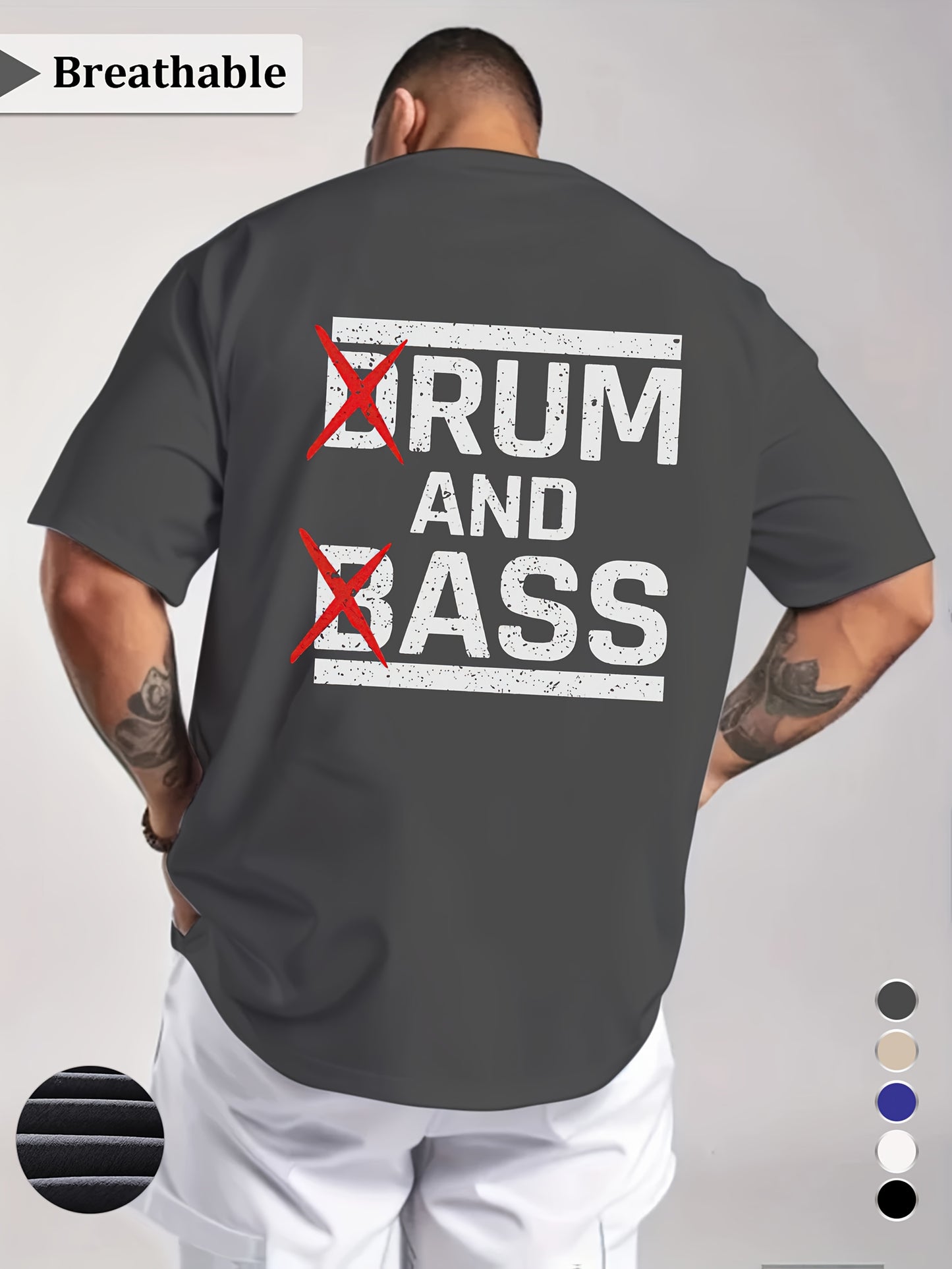1pc Men'S Casual Crew Neck T-Shirt - Polyester Knit Fabric with Medium Stretch, Short Sleeve Print Top for Going Out, Summer Season - Regular Fit H Tee with "Drum & Bass" Slogan Design