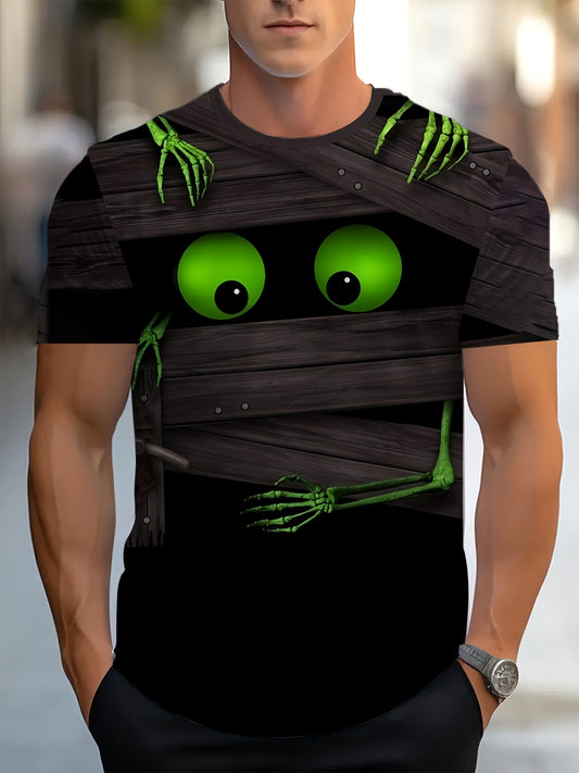 Men'S Mummy 3D Print T-Shirt - Casual Crew Neck, Short Sleeve, Skeleton Design, Black with White Stripes, Halloween Street Fashion, Cool Tshirt | Unique Mummy Design | Bold Graphic Te
