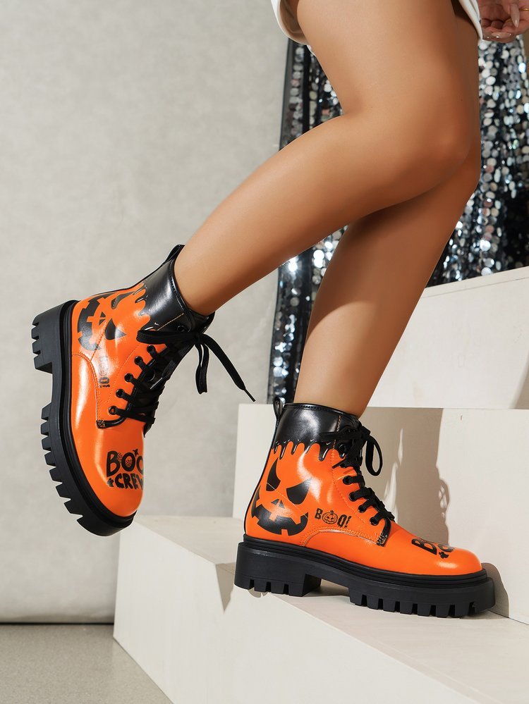 Trendy Plus Size Women's Halloween Print Lace-Up Boots - Thick Low Heel Round Toe PU Cover Short Boots with Rubber Sole, All-Season Comfort for Casual & Festive Occasions