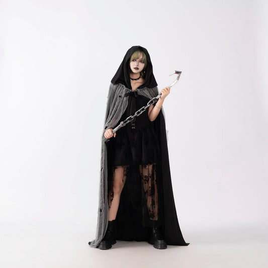 Halloween Witch Cloak Skull Clothes Mask Script Kill Ghosthouse Chamber Dress up Zombie Costume, Black Hooded Skull Mask with Glowing Eyes, Long Flowing Cape & Chains