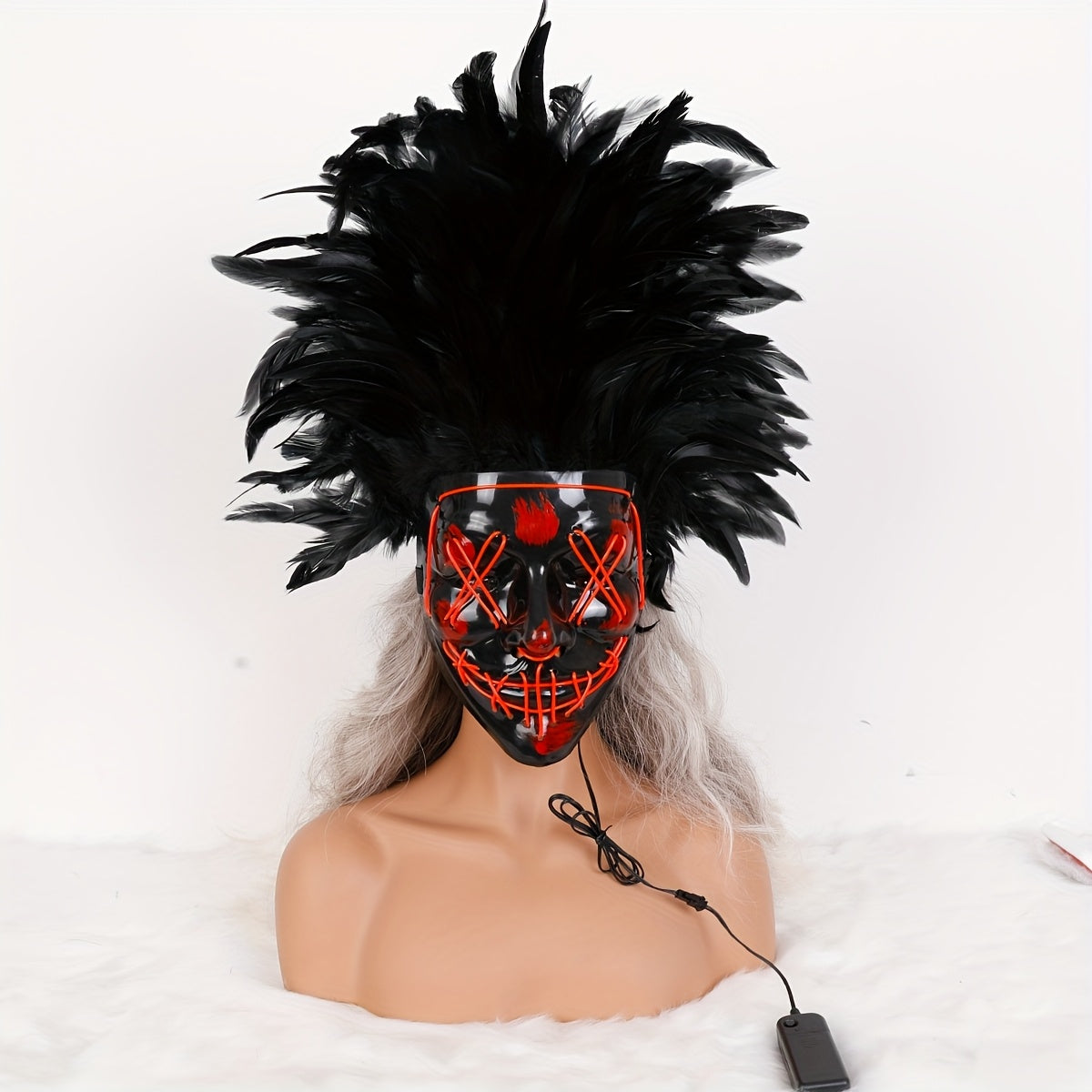 Halloween V-face horror LED luminous mask simulation feather mask EL cold light dress up props party atmosphere supplies