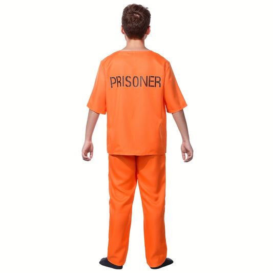 2pcs Men's Halloween prison outfit, orange prisoner top with orange trousers, Halloween costume for cosplay, autumn Men's clothing, Prison Roleplay, Themed Party Wear, Scary Costume, Stylish Cosplay, Quality Stitching, Breath