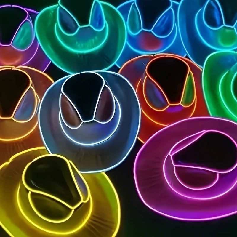 Neon Glow-in-the-Dark Cowboy Hats for Parties - Vibrant Red, Blue, Pink & Black, Battery Operated (AA Not Included), Hand Wash Only, Perfect for Halloween, Christmas, Thanksgiving & More, Festive Headwear, Party Accessories,
