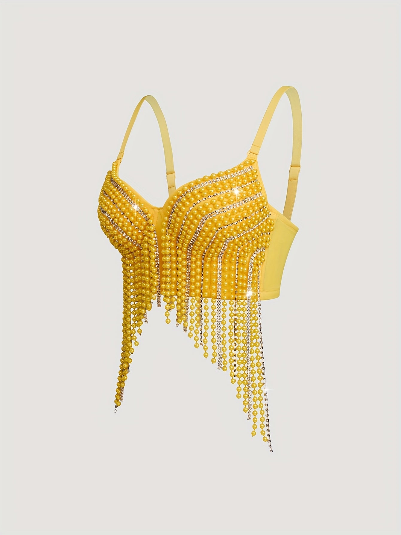 Sexy Fishbone Corset Top with Pearl Embellishments & Tassel Details - Vibrant Pink Stretchy Spaghetti Strap Bustier for Nightclub, Concert, Festival - Versatile All-Season Women's Fashion, Concert Attire, Elegant Style, Styli