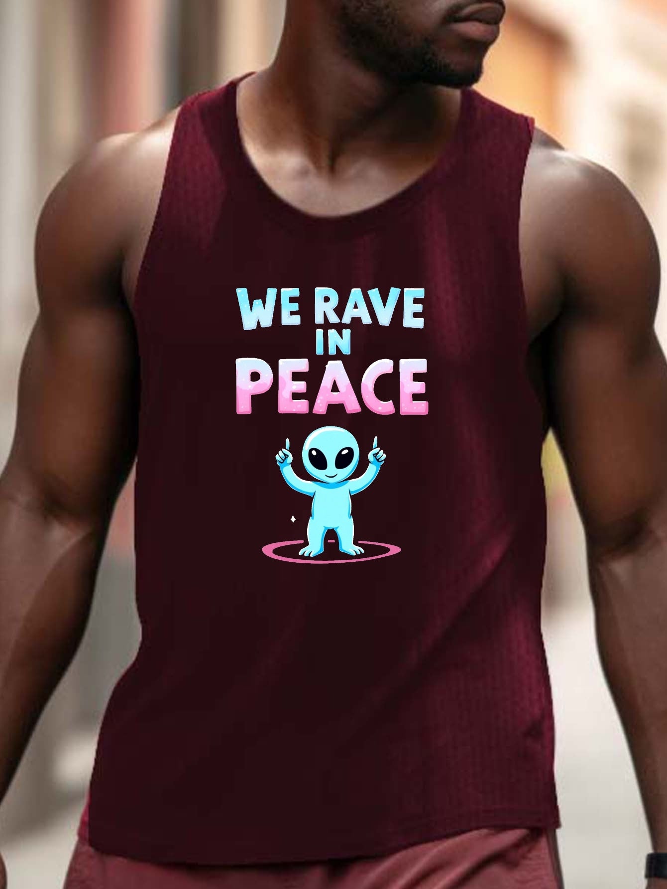 Men'S "We Rave in Peace" Graphic Tank Top - Casual Sleeveless Athletic Shirt, Breathable & Comfy, Black with Blue & Pink Alien Design, Perfect for Summer, Alien Clothe