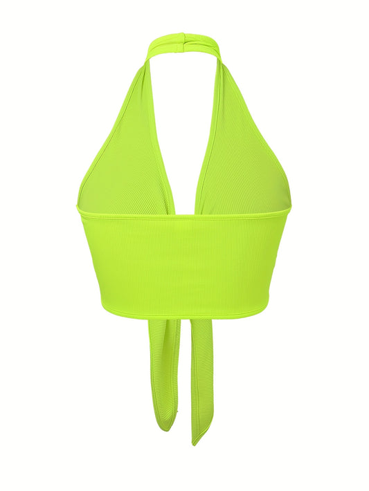 Women'S Neon Yellow Halter Top with Front Tie & Backless Design - Stylish Summer Crop Tank for Casual or Beach Wear, Beachwear Essential | Backless Top | Glossy Fabric