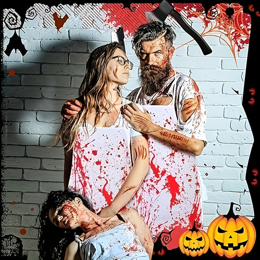 4pcs Bloody Butcher Costume Accessories Set for Men and Women, Including Axe Headband, Apron, Gloves, Fake Cleaver for Scary Party Fright Night and Halloween Party