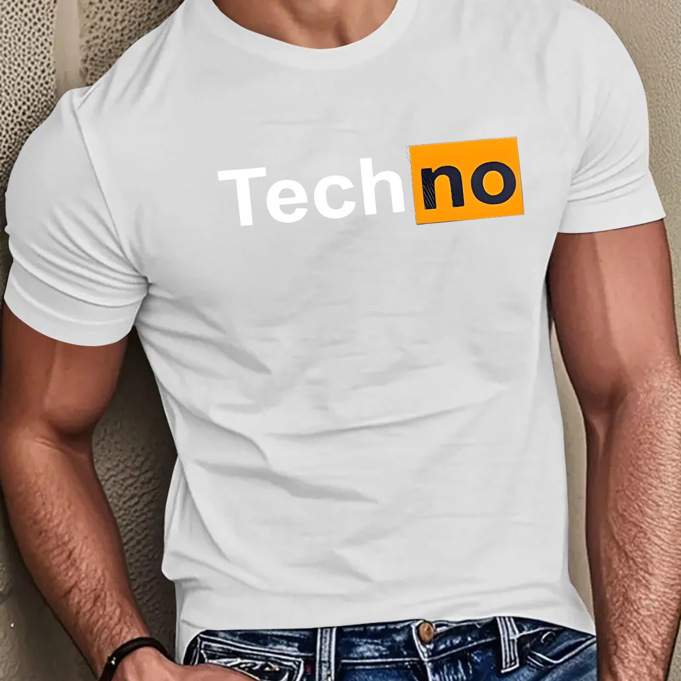 Men's Casual Summer T-Shirt - Soft Breathable Fabric with Bold "Techno" Letter Print & Orange Accent, Ribbed Collar, Regular Fit for Casual Attire, Summer T Shirts, Classic Round Neckline, Comfortable Tee Construction