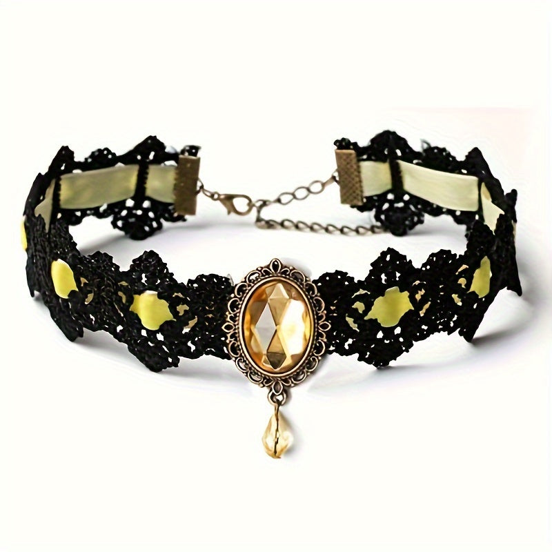 Gothic Lace Choker Necklace with Rhinestone, Adjustable Clavicle Jewelry, Women'S Fashion Collar, Gift for Parties, Halloween, All-Season Accessory
