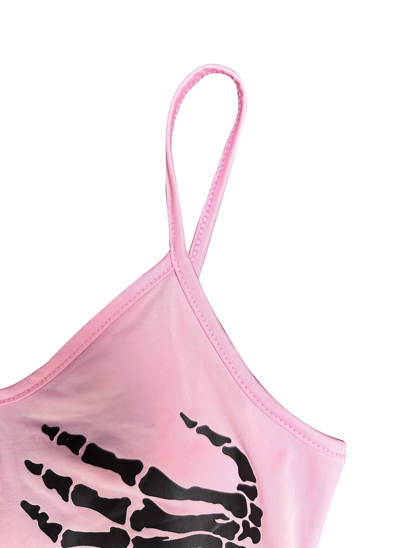 Women'S Sexy V-Neck Slingback Crop Top, Skull Hand Print, Knit Fabric, 95% Polyester 5% Spandex, All-Season, 180g/m², Polyester Knit Fabric, Sizes S-XL