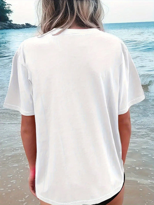 Women'S Casual Oversized T-Shirt with "Born to Rave, Forced to Work" Cartoon Print - Soft Polyester, Round Neck, Short Sleeve, White, Perfect for Summer & Spring, Comfortable Fashion | Playful Graphic Tee | Glossy Fabric Shir