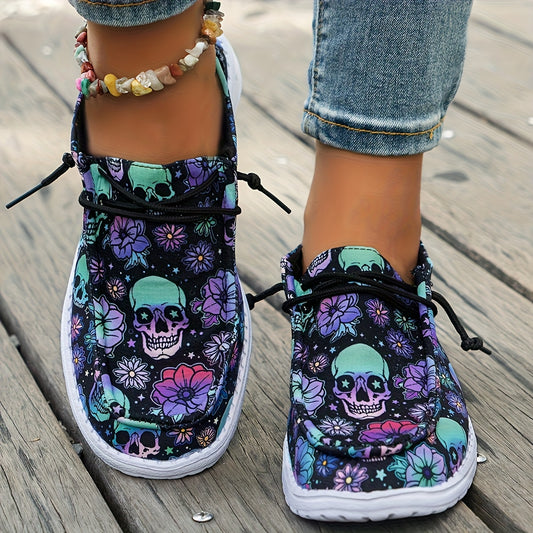 Women's Skull & Floral Print Slip-On Loafers - Lightweight Casual Shoes with Round Toe, Easy On/Off Design, Breathable Fabric & EVA Sole for All-Season Wear, Skull Shoes, Leisure Footwear, Unique Pattern Footwear, Flexible Fo