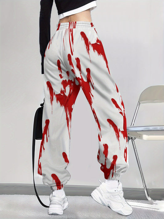 Women's High-Waisted Halloween Blood Splatter Pants - Stretchy Drawstring Waist, Non-See-Through Fabric for Halloween Party Outfits, Everyday Casual Wear - Machine Washable Pants (White with Red Splatter Design), Halloween Cl