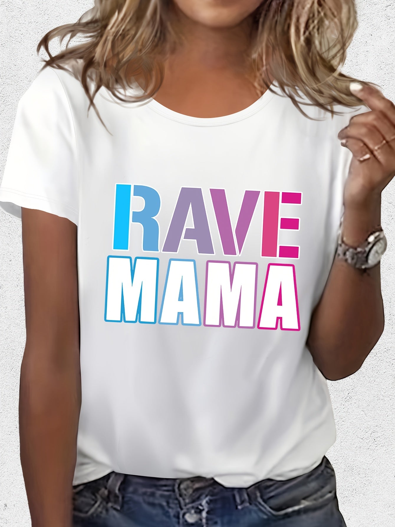 Women'S "Rave Mama" Graphic Tee - Black Casual Summer T-Shirt with Colorful Lettering, Short Sleeve, Round Neck, Lightweight Polyester Blend, Perfect for Festivals & Casual Attire, Festival Clothing | Playful Design | Comfort