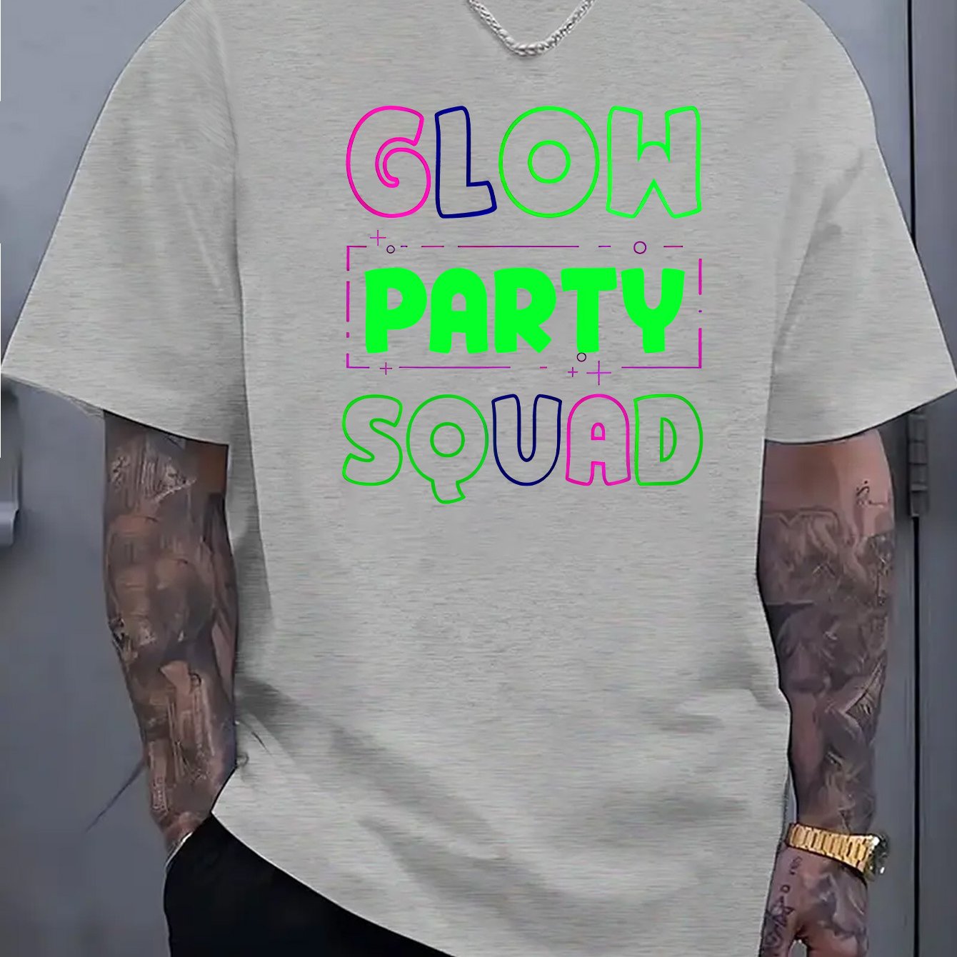 Glow Party Squad Men'S Casual Short Sleeve T-Shirt - Vibrant Neon Green & Orange Print, Breathable Knit Fabric, Round Neck Summer Top for Outdoor Activities & Casual Wear, Glossy Finish Shirt