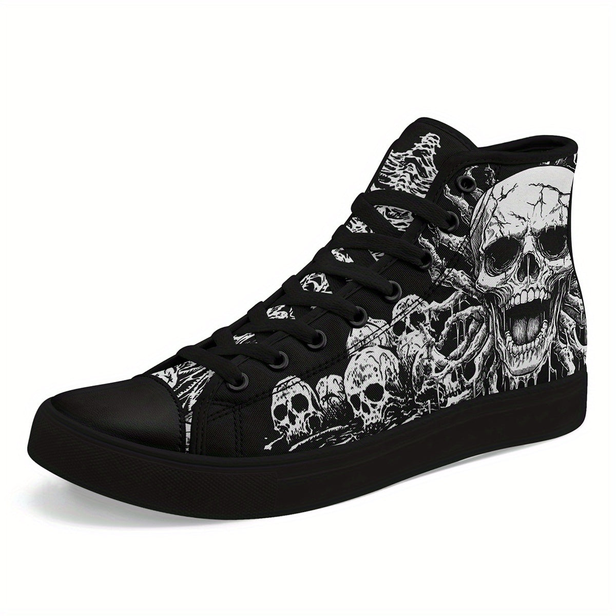 Men'S Plus Size Gothic Punk High-Top Sneakers with Skull Print, Black Casual Shoes for Streetwear & Everyday Comfort, Lace-Up Round Toe Design, Rubber Sole, Fabric Upper, Perfect for Parties, Concerts & Daily Wear, Everyday C