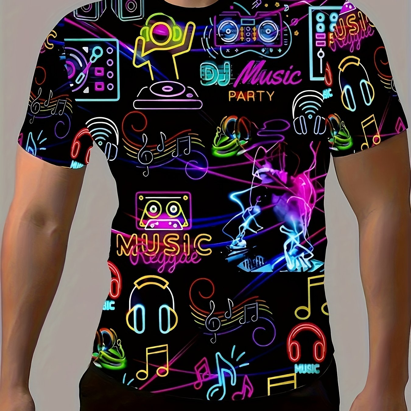 Men'S Retro Party Night T-Shirt - Vibrant Neon Music & DJ Design, Polyester, Short Sleeve Crew Neck - Machine Washable, All-Season Casual Tee with "PARTY NIGHT" Print, Ideal for Parties & Casual Attire, Summer Tee|Discothemed