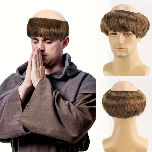 Men'S Brown Shaved-Head Monk Wig - Straight Short Hairpiece with Cap, Perfect for Halloween Costume, Themed Parties & Role-Playing (Cosplay)