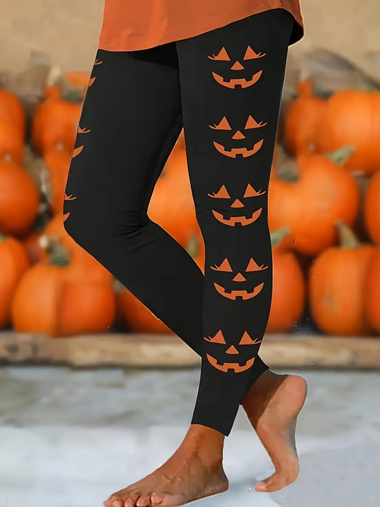 Women's Halloween Pants - Skinny Fit Leggings with Pumpkin Print, Non-Transparent Stretchy Fabric for Halloween Party Outfits, Year-Round Wear - Machine Washable Costume Pants, Festive Attire, Festive Design, Comfortable Wear