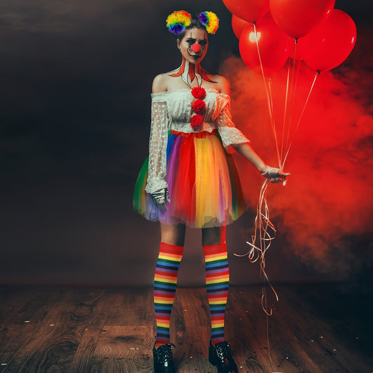 Rainbow Colorful Clown Dress Up Set Halloween Women's Clown Costume Accessories Included Clown Bowtie Fake Nose Clown Colorful Puff Buns for Halloween Carnival Joker Clown Accessories