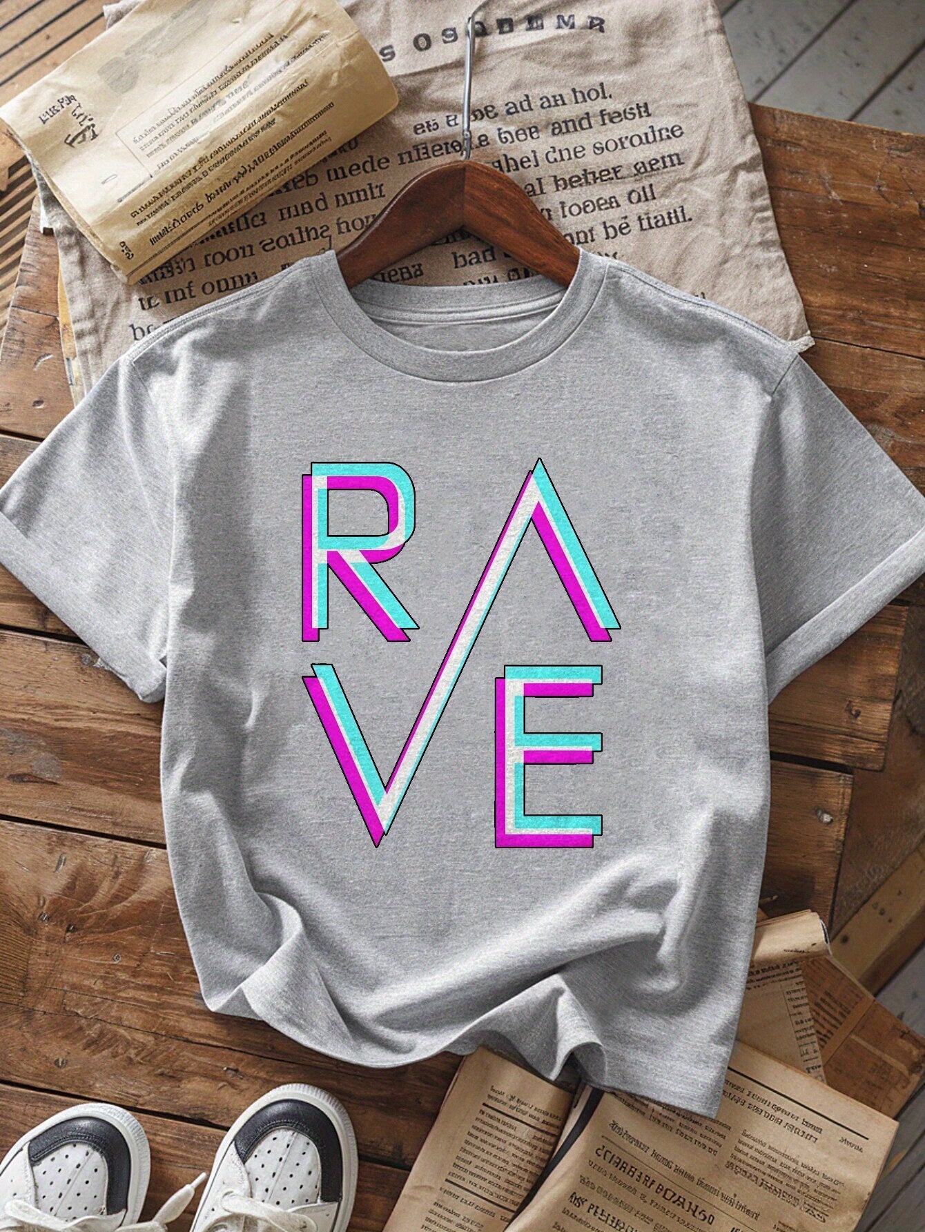 Women's Slim Fit RAVE Graphic T-Shirt - White Casual Short Sleeve Round Neck Polyester Top with Vibrant Pink & Blue Lettering, Machine Washable for Casual Attire & Parties, Party Outfit, Modern Aesthetic, Smooth Texture