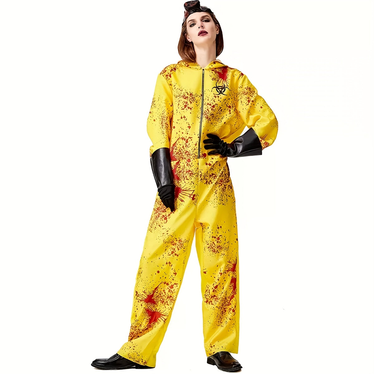 1 Set Full Zombie Costume with Gas Mask & Splatter Effects - Neon Yellow & Red Blood-Splattered Outfit, Hazmat Suit Design with Black Gloves - Easy-to-Wear Outfit for Halloween Costumes, Themed Parties & Horror Events (No Mas