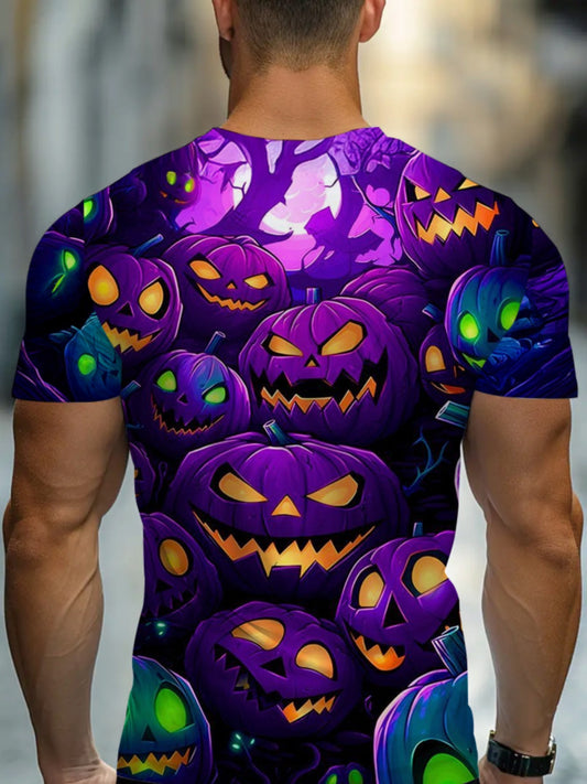Men'S Halloween T-Shirt - Purple Pumpkin Graphic Tee with Jack-O'-Lanterns, Lightweight Breathable Fabric for Costume Parties, Halloween Bars, Clubs - Spooky Party Outfit Casual Attire - Easy-Care Round Neck Shirt, Halloween