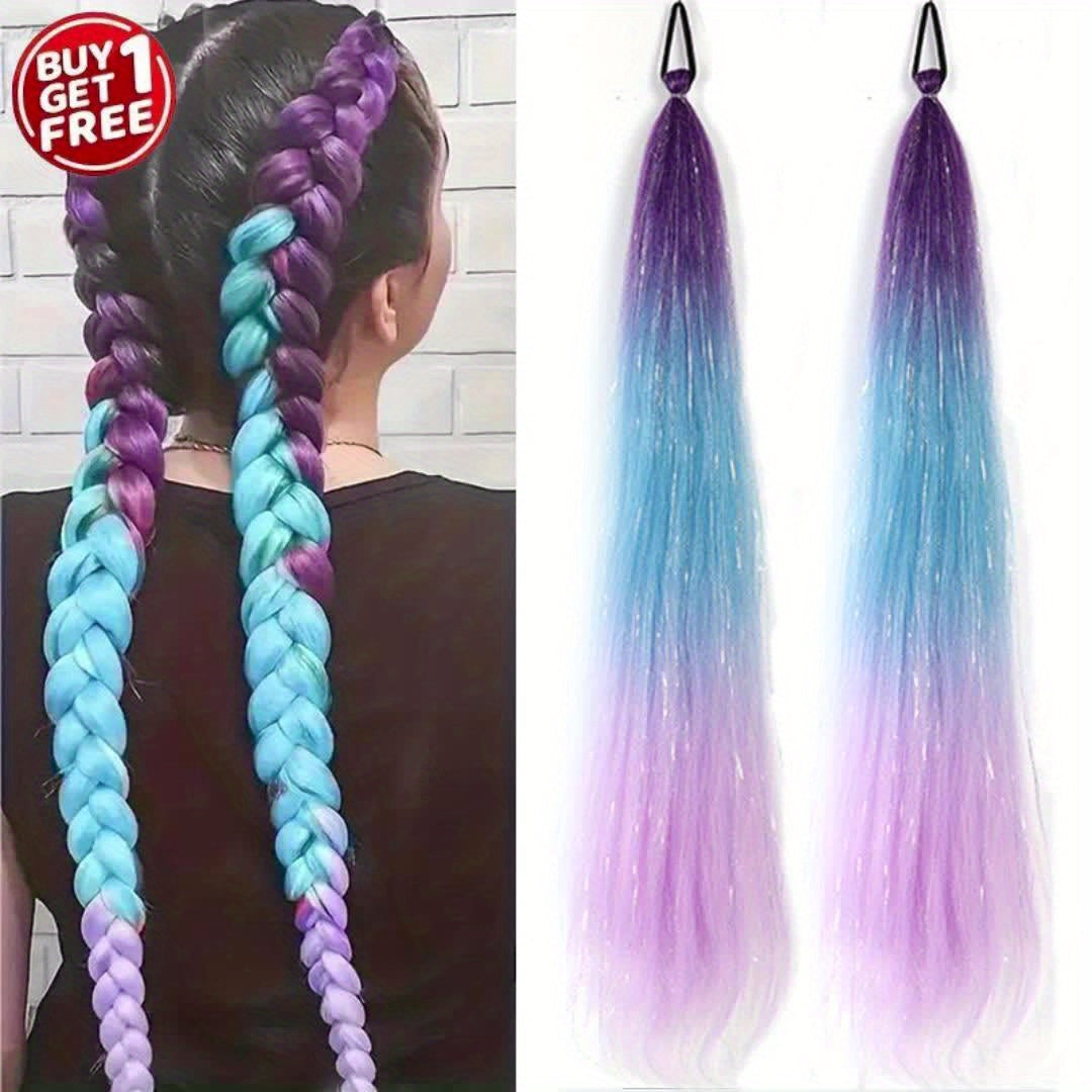 2-Pack 26-Inch Jumbo Braided Ponytail Hair Extensions - Soft Synthetic Straight Hair with Tinsel, Elastic Band, and Natural-Looking Roots for All Occasions, Easy to Wear and Style