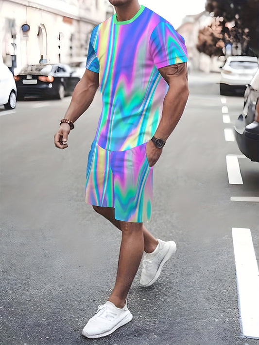 Men'S Vibrant 3D Neon Print Casual Shorts & T-Shirt Set - Stretchy, Anti-Pilling Fabric, White Sneakers, Perfect for Streetwear & Casual Attire, Streetwear Outfit|Vibrant Print Design|Stretchy Fabric