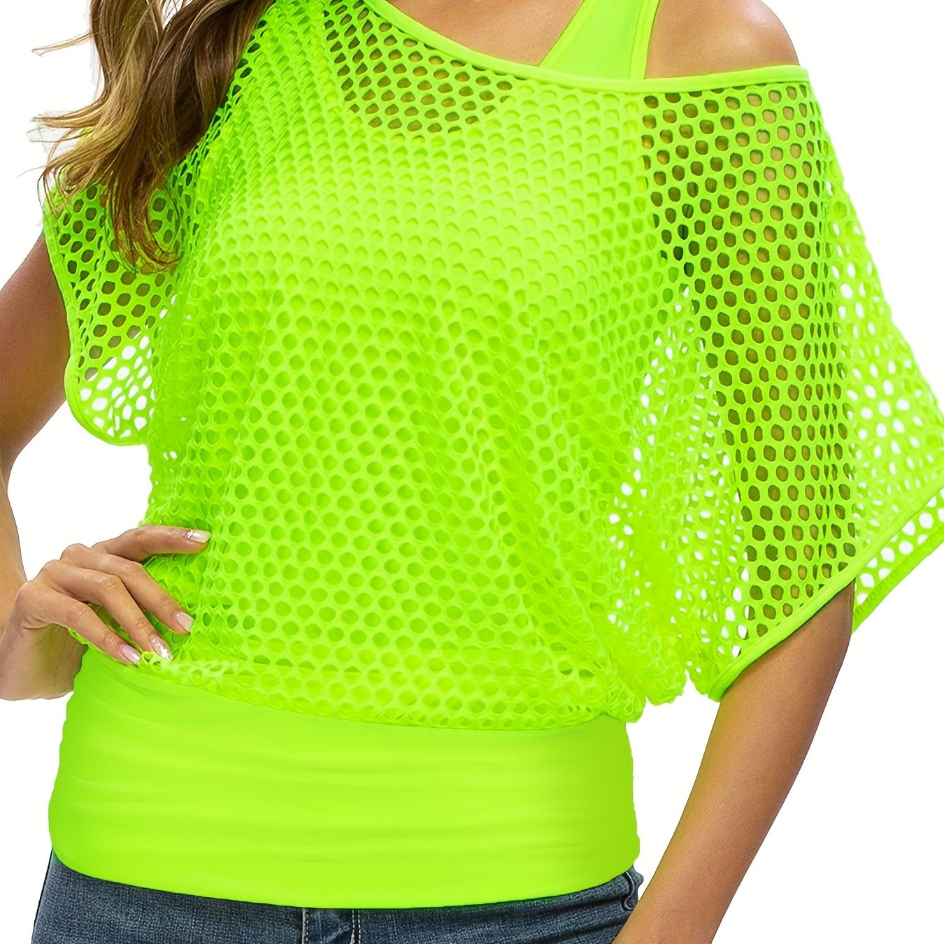 Two-Piece Set Women's Casual Sexy Neon '80s Vacation Tank Top + Fishnet Off-Shoulder T-Shirt
