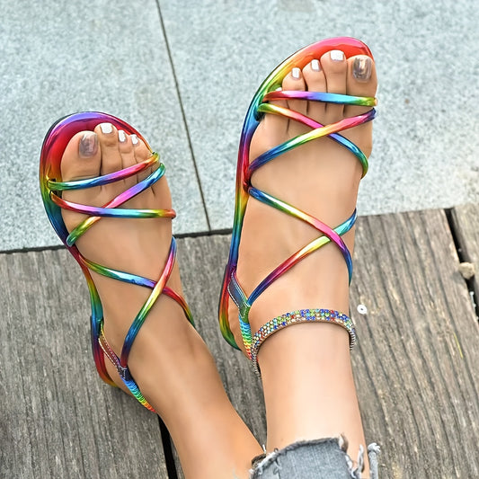 Women'S Rainbow Color Flat Sandals - Stylish Slip-On Open-Toe Summer Shoes with Synthetic Cover & TPR Sole, Vibrant All-Season Comfort for Casual Wear, Strappy Sandals