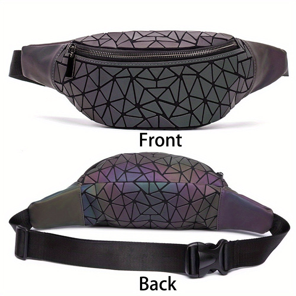 Holographic Belt Bag for Women & Men - Geometric Pattern, PVC Material, Zipper Closure, Unlined, White/Black/Blue/Gray, Perfect for Travel, Running, Sports & Festivals