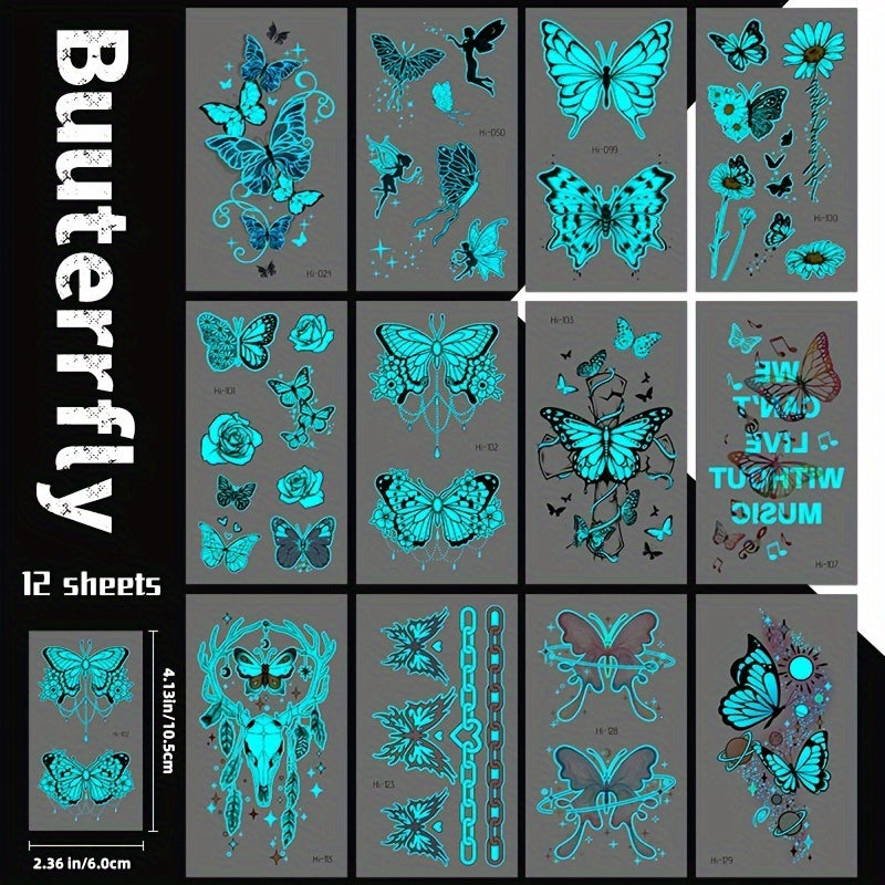 12 Sheets Luminous Glow in the Dark Temporary Tattoos - Waterproof Fake Tattoo Stickers with Butterfly & Floral Designs, Neon Blue Glow for Nightclub, Festival, Party Decoration, Festival Body Art | Mystical Design Elements |