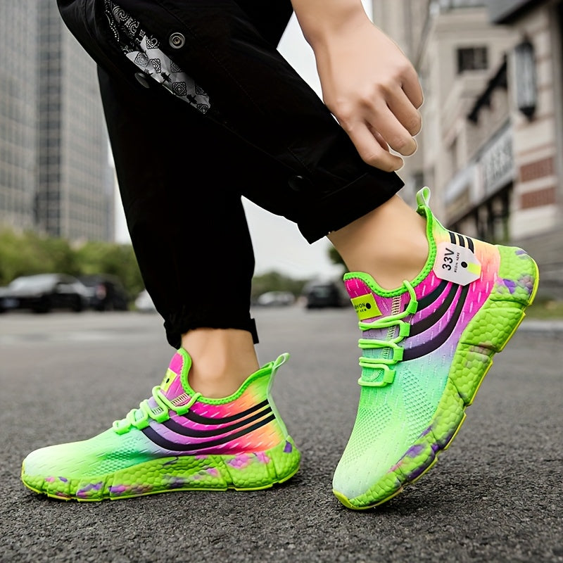 Men'S Casual Athletic Sneakers - Vibrant Pink & Green Colorblock Design, Breathable Fabric Upper, Lightweight EVA Sole, Lace-Up Low Tops for Casual Attire, Sports Shoes | Lowtop Sneakers | Comfortable Fi