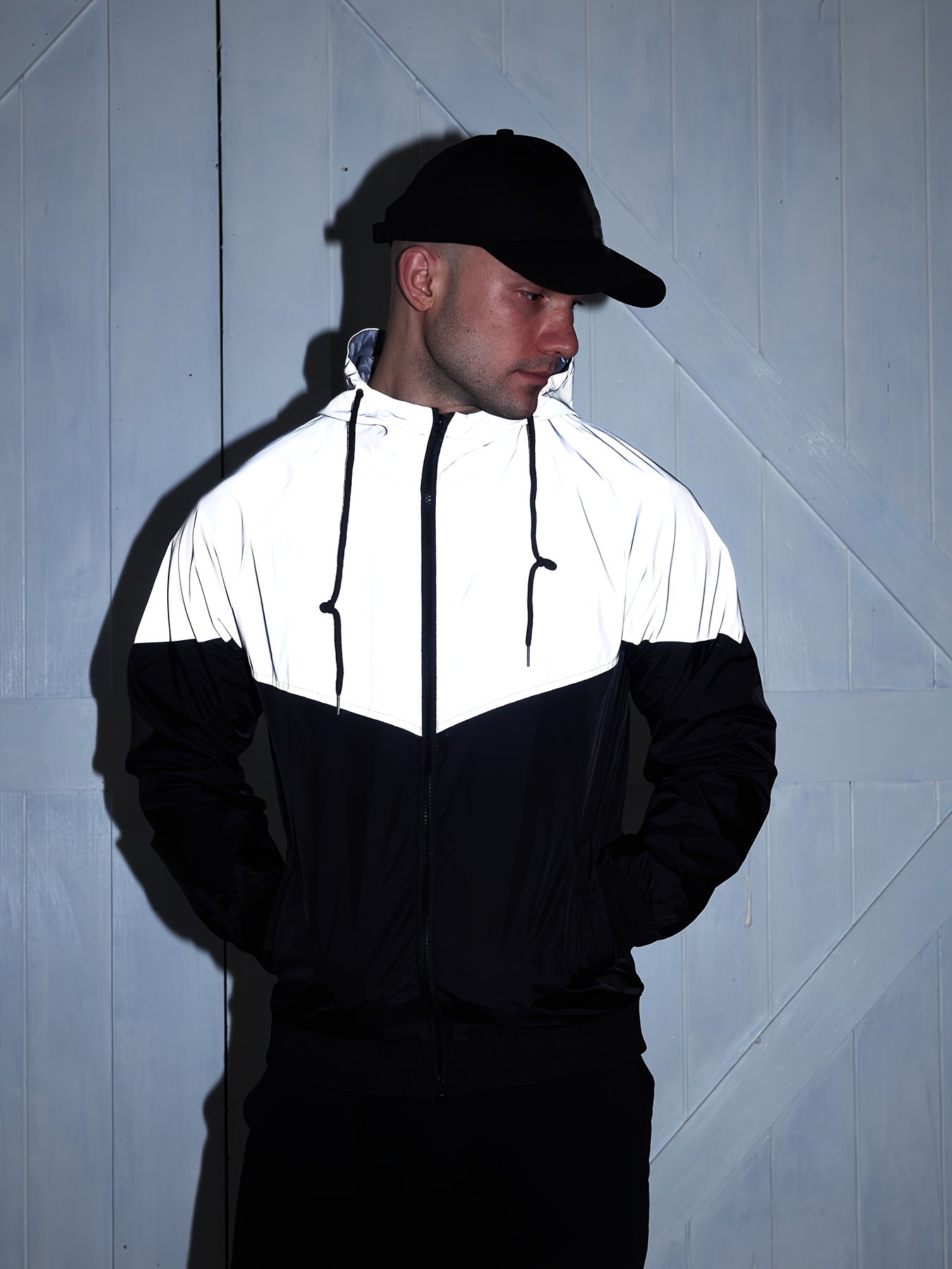 Men's Reflective Windproof Hooded Jacket - Stylish Black & White Gradient Design, Soft Shell for Spring/Fall Sports, Casual Loose Fit with Pockets, Windbreaker Jacket