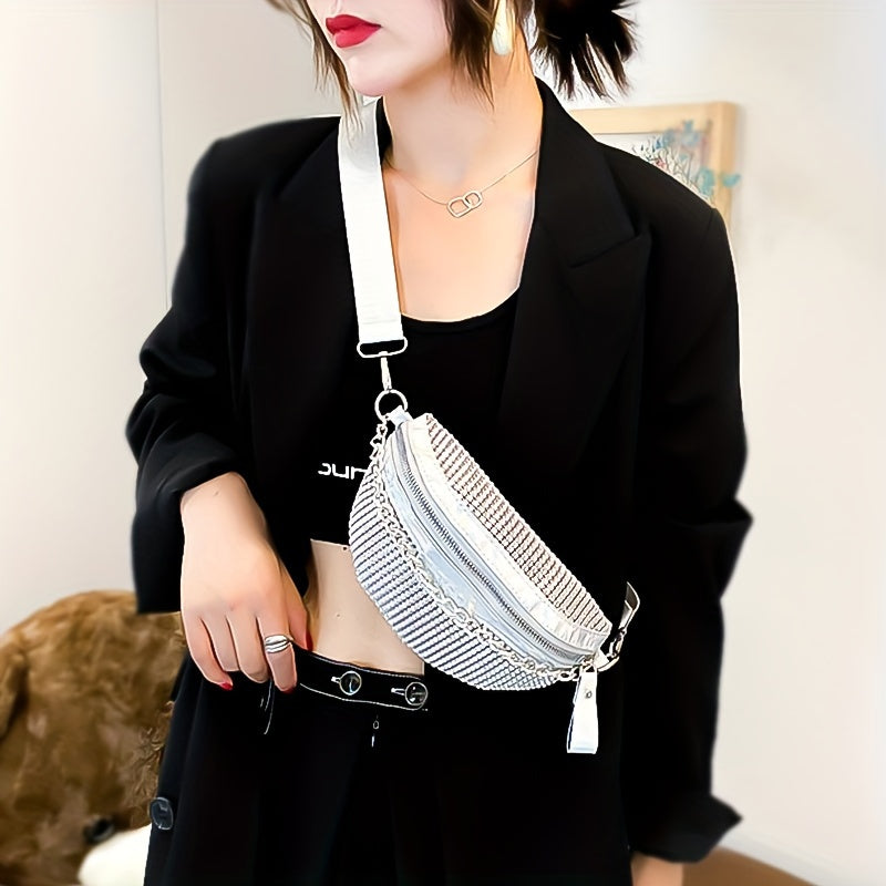 Shining Rhinestone Waist Bag, Bling-Bling belt bag for Women, Trendy Chain Decor Crossbody Chest Bag Bum Bag belt bag