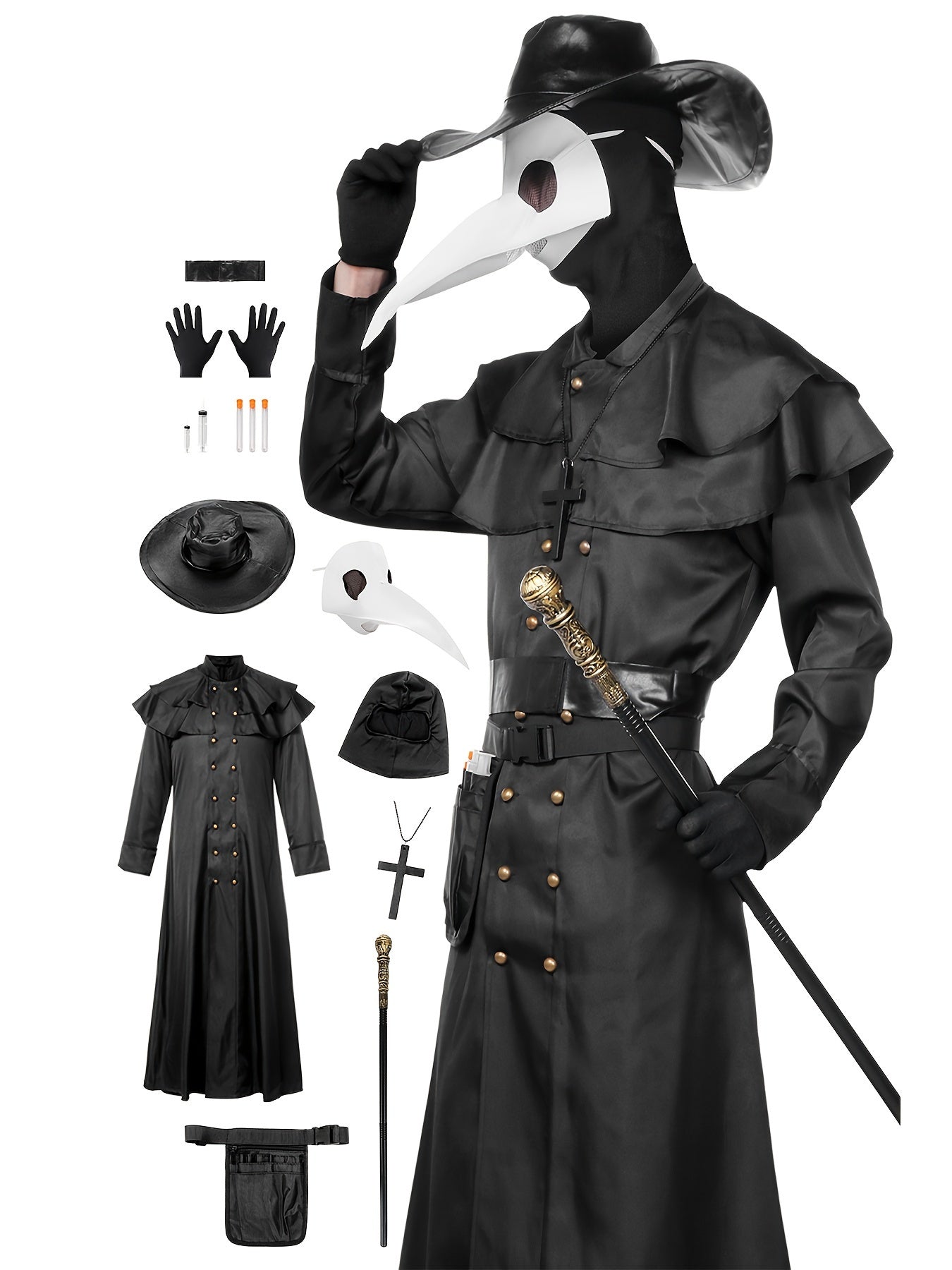 Adult Men'S Steampunk Plague Doctor Costume - Halloween Medieval Monk Priest Renaissance Party Outfit with Cape, Robe, Mask, and Accessories - Polyester 100% Solid Color with Stand Collar and Belt - Regular Fit Woven Fabric 1