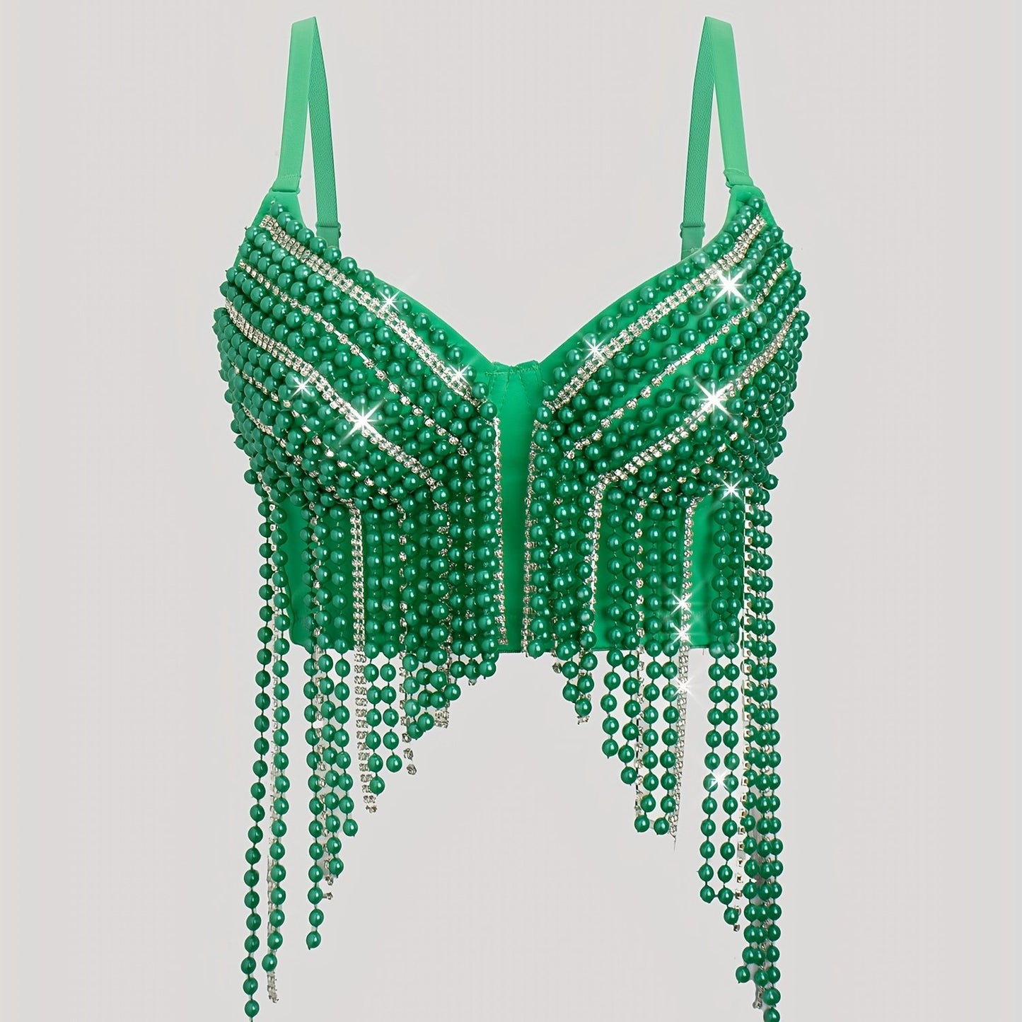 Sexy Fishbone Corset Top with Pearl Embellishments & Tassel Details - Vibrant Pink Stretchy Spaghetti Strap Bustier for Nightclub, Concert, Festival - Versatile All-Season Women's Fashion, Concert Attire, Elegant Style, Styli