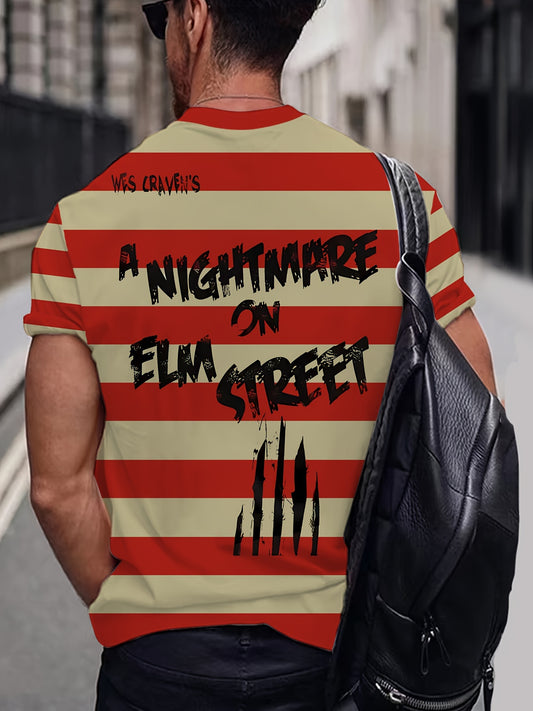 Men's Oversized 3D 'Nightmare on Elm Street' Graphic T-Shirt - Bold Red & White Stripes with Black Text, Stylish & Comfortable Polyester Blend, Summer Casual Tee for Outdoor Activities, BIG SIZE, PLUS SIZE