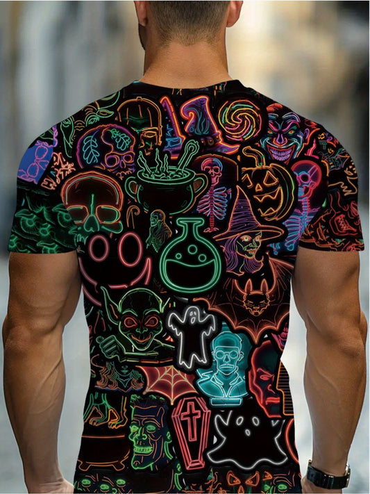 Men's Neon Glow-in-the-Dark Halloween Party T-Shirt - Spooky Ghosts, Bats, Pumpkins & Witches Hats Design - Durable Round Neck Tee for Bars, Clubs & Costume Events - Machine Washable Casual Festive Outfit, Bar And Wear, Holid
