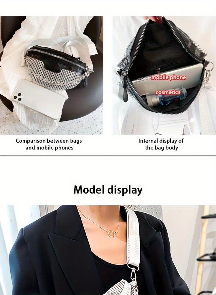Shining Rhinestone Waist Bag, Bling-Bling belt bag for Women, Trendy Chain Decor Crossbody Chest Bag Bum Bag belt bag