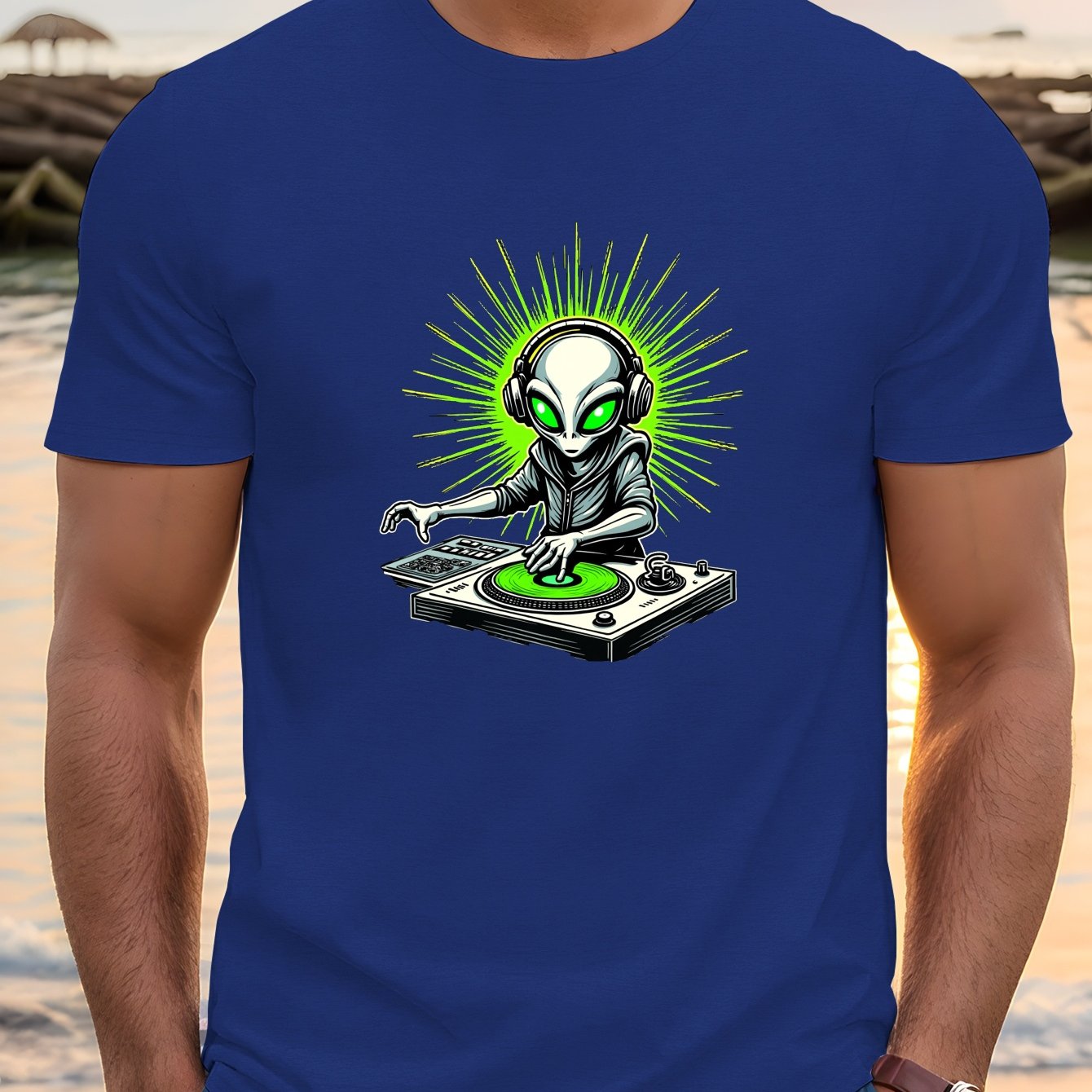Men's Alien DJ with Headphones & Neon Green Sunburst Graphic Print Crew Neck T-Shirt - Lightweight Summer Casual Tee, Regular Fit, Machine Washable, Music Lover Apparel | Playful Design Shirt | Breathable Fabric