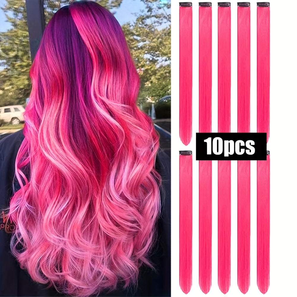 10pcs Glowing Clip-In Synthetic Hair Extensions 20-Inch Colorful Neon Glow-in-the-Dark Wigs, Easy-to-Wear Clip Design, Smooth Soft Texture, Women'S Daily Fashion Accessory for Halloween New Year Parties