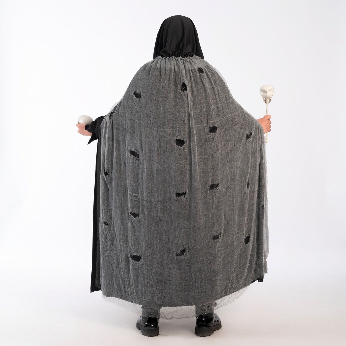 Halloween Witch Cloak Skull Clothes Mask Script Kill Ghosthouse Chamber Dress up Zombie Costume, Black Hooded Skull Mask with Glowing Eyes, Long Flowing Cape & Chains