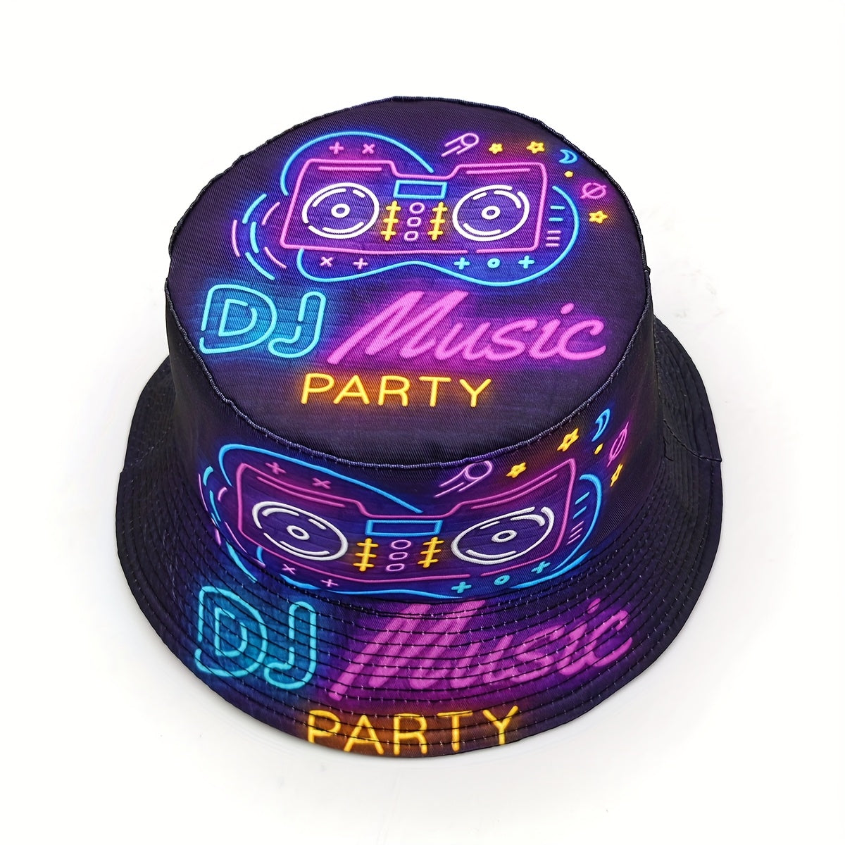 1pc Neon DJ Music Party Hat - Vibrant Printed Bucket Hat with "DISCuss WHAT'S THIS?" Design, Lightweight Polyester, Perfect for Music Festivals & Hip-Hop Themed Events, Disco Party Accessories