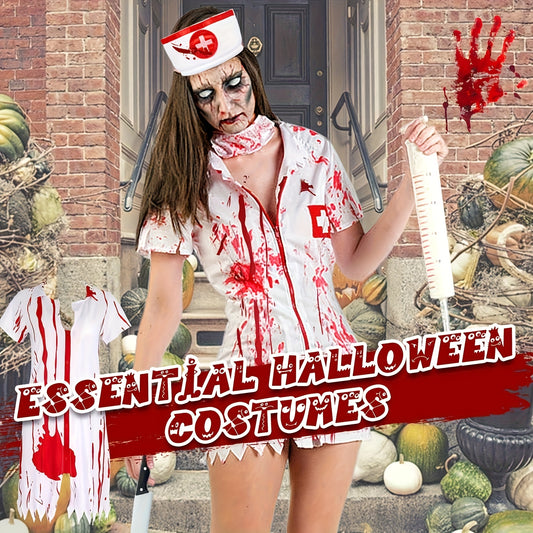 6pcs Halloween Nurse Costume Set for Women - Vintage Style, Polyester Fiber, Includes Dress, Hat, Blood-Dripping Necklace, Fake Knife, and Stockings with Red Accents, Perfect for Adult Cosplay